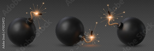 Realistic bomb with burning fuse. Isolated 3d vector explosive military tnt weapon, volatile device that poses imminent danger, set to detonate upon reaching the wick end, causing destruction or harm photo