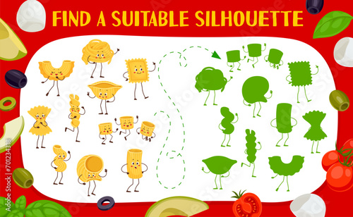 Find a shadow of funny italian pasta characters kids game puzzle worksheet. Cute macaroni food personages vector matching game with rigatoni, ravioli, tagliatelle, conchiglie, ditalini and eliche
