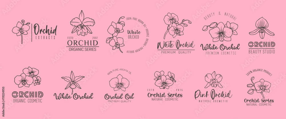 Orchid flower minimal emblem, skin care and oil cosmetics. Vector set of linear labels, sleek, minimal design, epitomizing elegance and beauty for cosmetic brands, capturing natural grace and allure