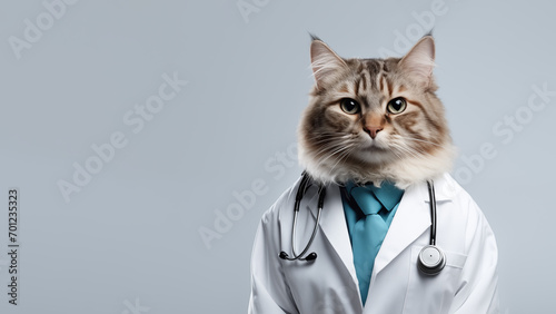 Cute funny cat doctor wearing doctor uniform and stethoscope on gray background. Medical care and veterinary banner. Pet health care concept. Copy space. Generative ai. photo