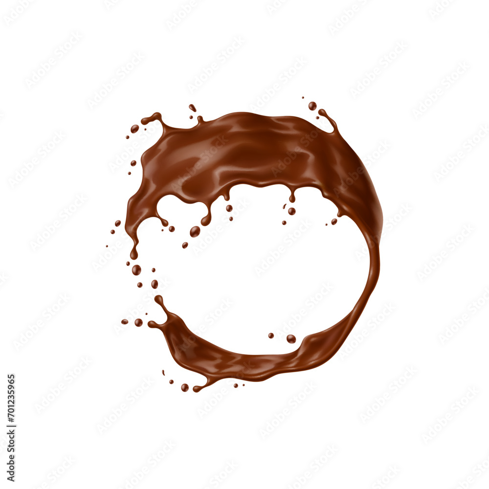 Realistic chocolate yogurt, cream or choco milk drink swirl splash and wave flow. Isolated 3d vector rich, velvety cocoa cascade round frame, decadent treat tantalizes senses with its smooth texture Realistic chocolate yogurt, cream or choco milk drink swirl splash and wave flow. Isolated 3d vector rich, velvety cocoa cascade round frame, decadent treat tantalizes senses with its smooth texture