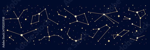 Galaxy star constellation border with zodiac signs in night sky map, vector background. Mystic astrology, astrological horoscope, esoteric and space planetary astronomy border with stars constellation