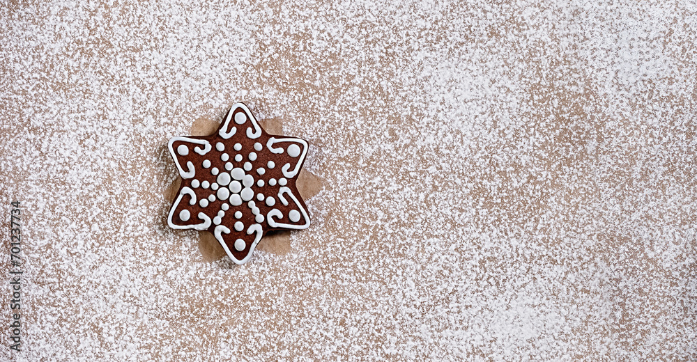 Collection of various gingerbread cookies in a box on wooden background