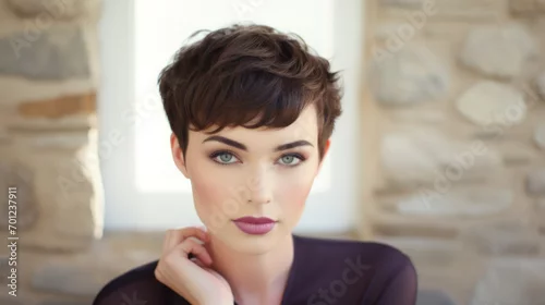Obraz Portrait of a smiling smart dressed young beautiful woman in the elegant evening dress and expensive earrings jewelry with expressive make up