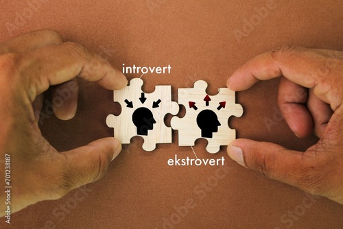 wooden puzzle with the combination icon between introvert and extrovert, which is to be Ambivert photo