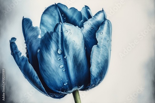 Watercolor painting of blue tulip on paper canvas. Generative AI #701238189