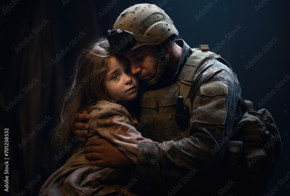 A courageous soldier gently cradles a small child in their arms.