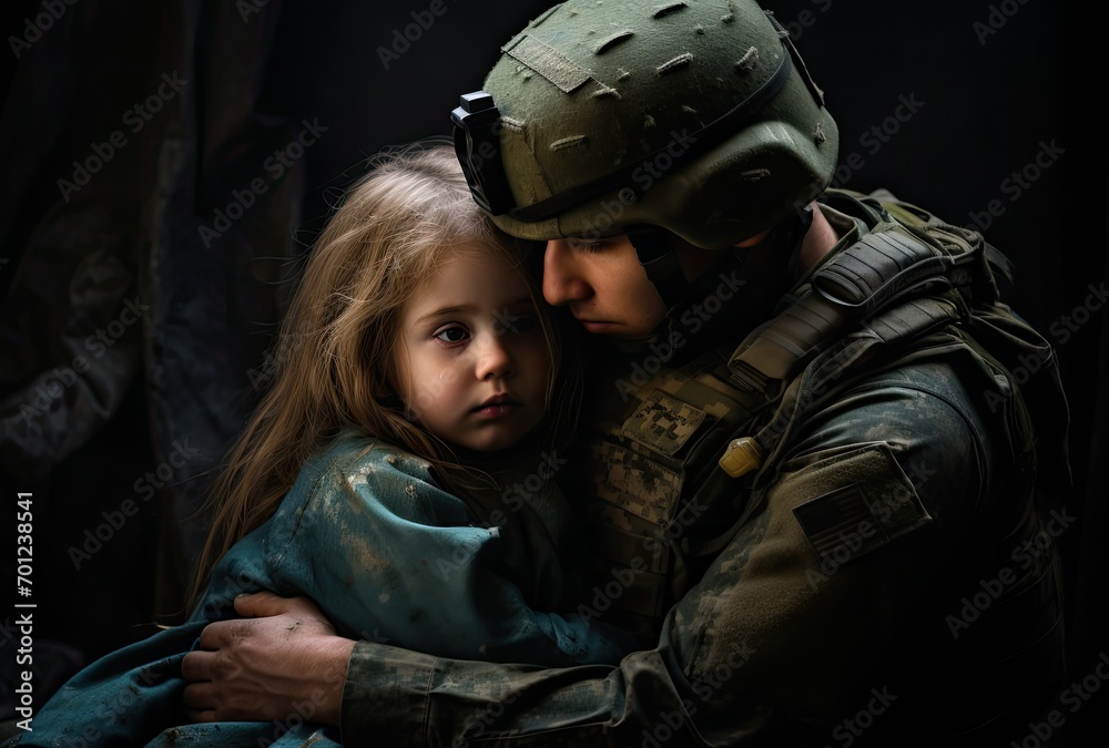 A courageous soldier gently cradles a small child in their arms.