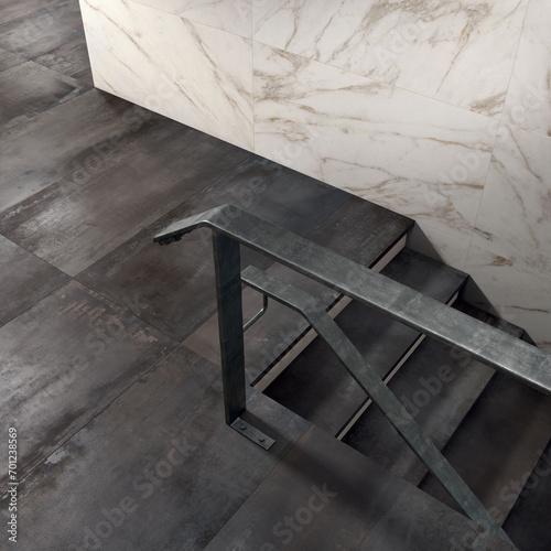 Stair case made with black marble floor and white marble walls. 3D Rendering