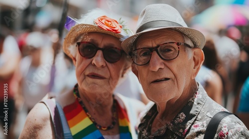 LGBT pride. Happy elderly couple at the LGBT parade. Freedom of love and diversity