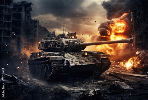 Battle-worn tanks, explosions, fires, and the desolation of a cityscape left in the wake of war.