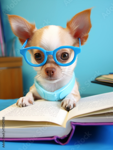 Portrait of a dog with glasses reading a book.