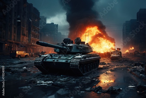 Battle-worn tanks, explosions, fires, and the desolation of a cityscape left in the wake of war.