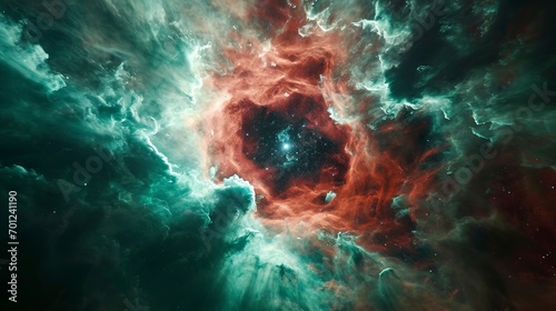 The ring nebula in space, in the style of turquoise and orange