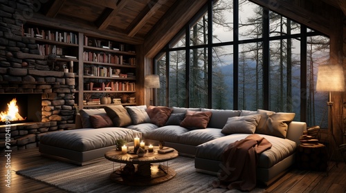 Home mockup, cozy log cabin interior background.