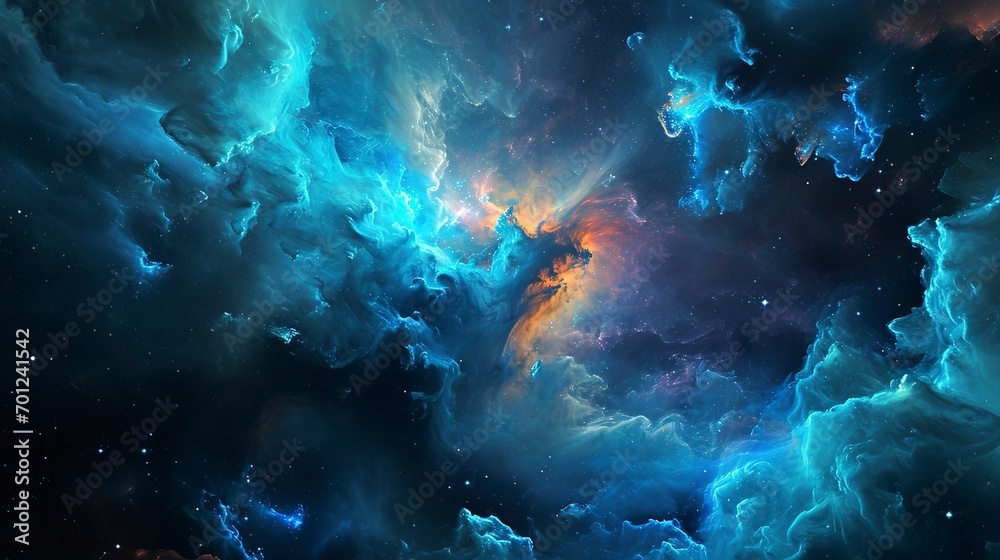 Picture shows a blue nebula in space, vibrant coloration