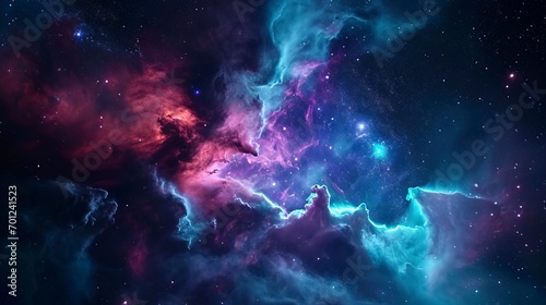 Picture shows a blue nebula in space, vibrant coloration photo