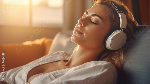 A beautiful young woman listening music while resting on couch at home.