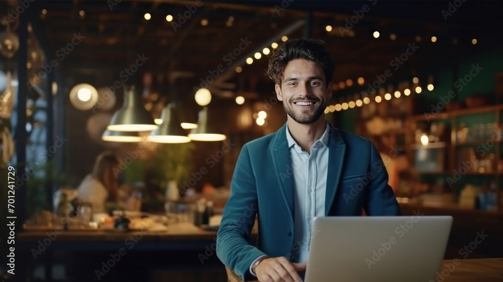 A businessman works on laptop, does data analysis and creative designer, Looks at Camera and Smiles. E-Commerce startup project. A businessman works on laptop, does data analysis and creative designer, Looks at Camera and Smiles. E-Commerce startup project.