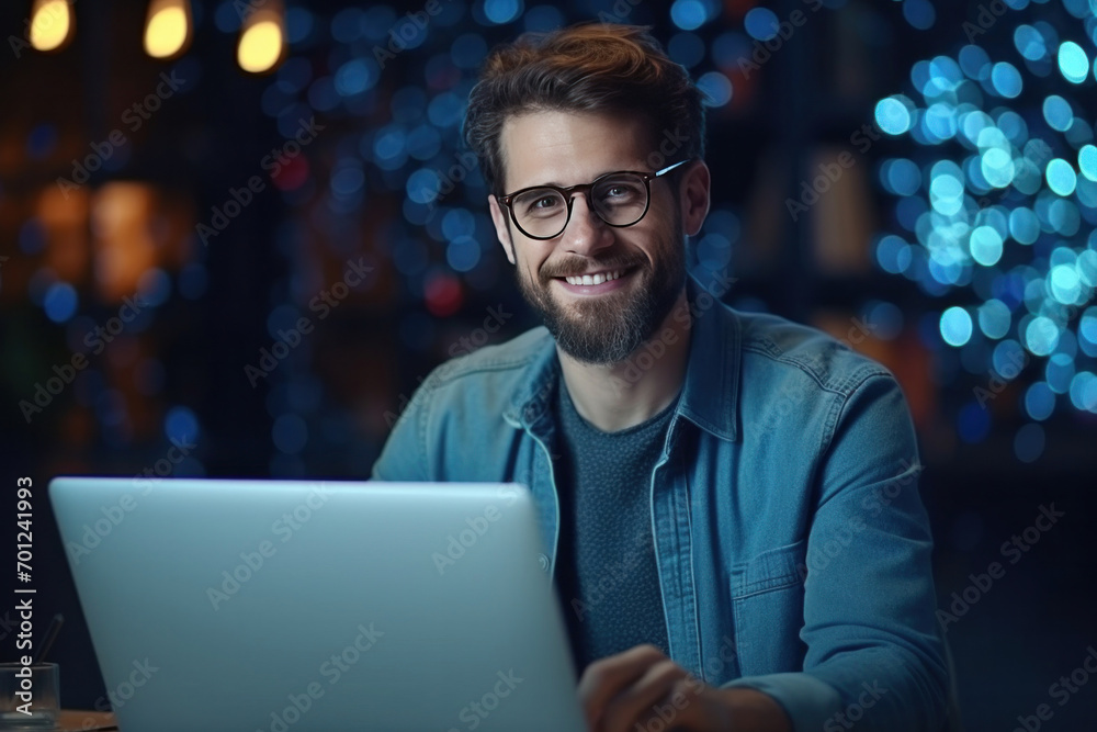 A businessman works on laptop, does data analysis and creative designer, Looks at Camera and Smiles. E-Commerce startup project. A businessman works on laptop, does data analysis and creative designer, Looks at Camera and Smiles. E-Commerce startup project.