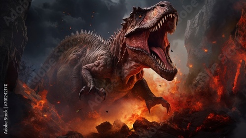 Photo of a dinosaur and rocks  in the style of explosive and chaotic  explosions