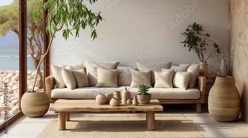 Home interior mock-up with rattan furniture, table and decor in living room.