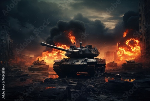A tank on the battlefield amidst smoke and destruction.