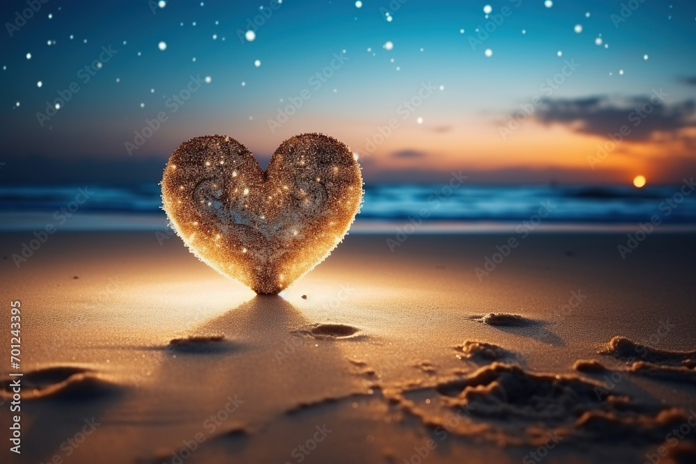 Fototapeta premium Heart on the sand on a blurred sea background, bokeh. Generated by artificial intelligence
