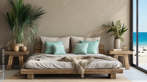 Home mockup, bedroom interior background with rattan furniture and empty frames, Coastal style. © Badhan