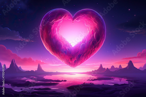 Huge pink heart in the night sky. Romantic illustration. Generated by artificial intelligence © Vovmar