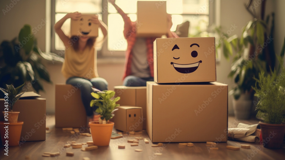 Fototapeta premium Couple is having fun with cardboard boxes in new house at moving day.