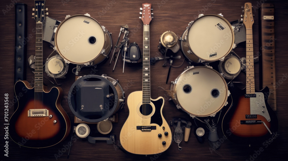 Fototapeta premium Group of musical instruments including a guitar, drum, keyboard, tambourine. Top view