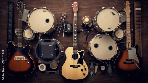 Group of musical instruments including a guitar, drum, keyboard, tambourine. Top view