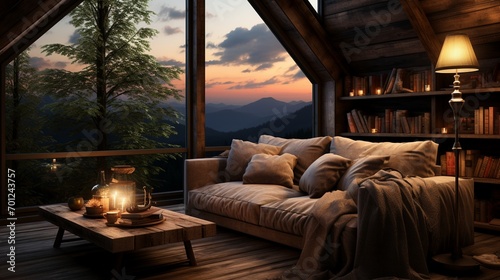 Home mockup, cozy log cabin interior background. © Badhan