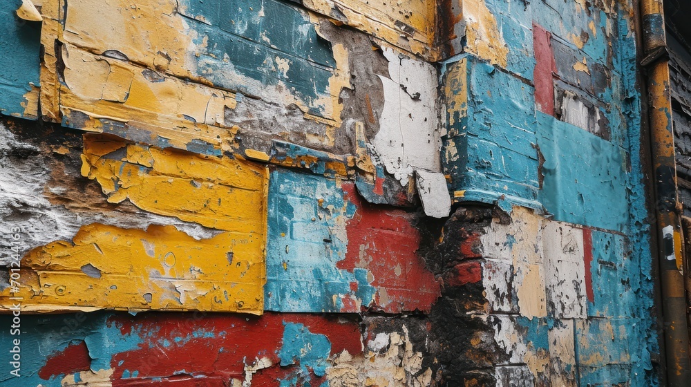 Naklejka premium Urban Wall Covered in Layered Colorful Torn Posters