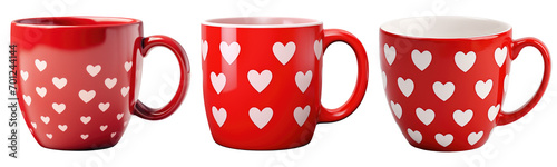 Red color coffee mugs with white color heart shapes. Valentines day or wedding anniversary gift concept for greeting cards