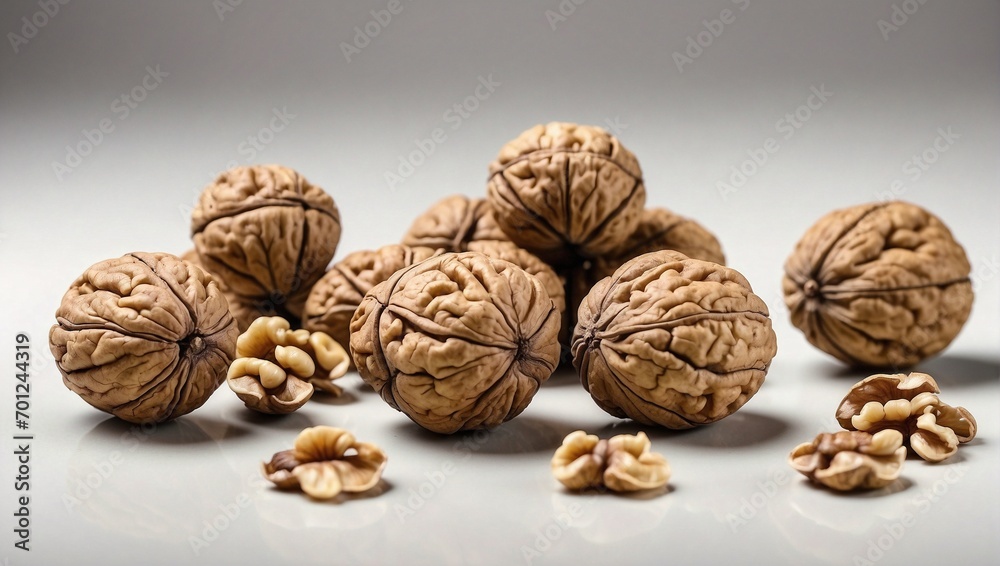 A handful of shelled walnuts against a white background. generative AI A handful of shelled walnuts against a white background. generative AI
