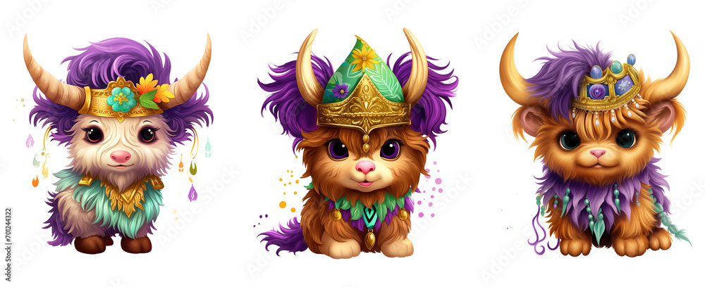 Fototapeta premium Mardi Gras Cute Highland Cow. Baby Highland Cow In Carnival Costume