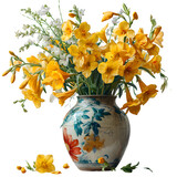 Spring freesias in the vase High quality isolated on transparent background Generative AI	