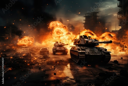 The aftermath of war: damaged tanks, explosions, fires, and deserted cityscapes. © jambulart
