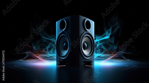 Two sound speakers with sound wave between them on black.