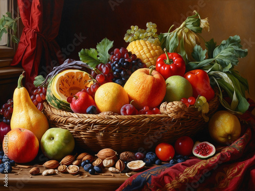 Festive cornucopia assortment with delicious foods  Seasonal harvest of berries and vegetables