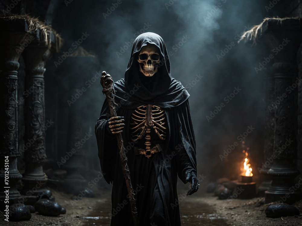 Man in black posing with knife, Zombie corpse in the dark forest Halloween concept Man in black posing with knife, Zombie corpse in the dark forest Halloween concept