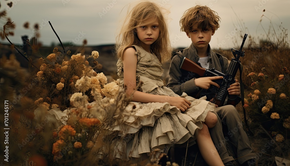 A small child in an empty city destroyed by war, a refugee without a home and parents, stop war and aggression. In hand with a weapon for self-defense A small child in an empty city destroyed by war, a refugee without a home and parents, stop war and aggression. In hand with a weapon for self-defense