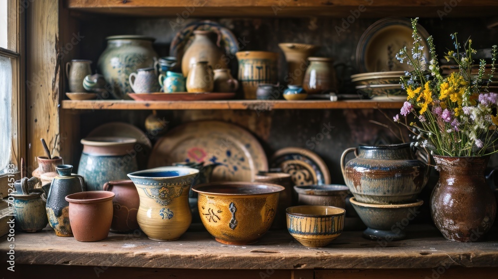 Rustic Pottery in Farmhouse Cupboard Rustic Pottery in Farmhouse Cupboard