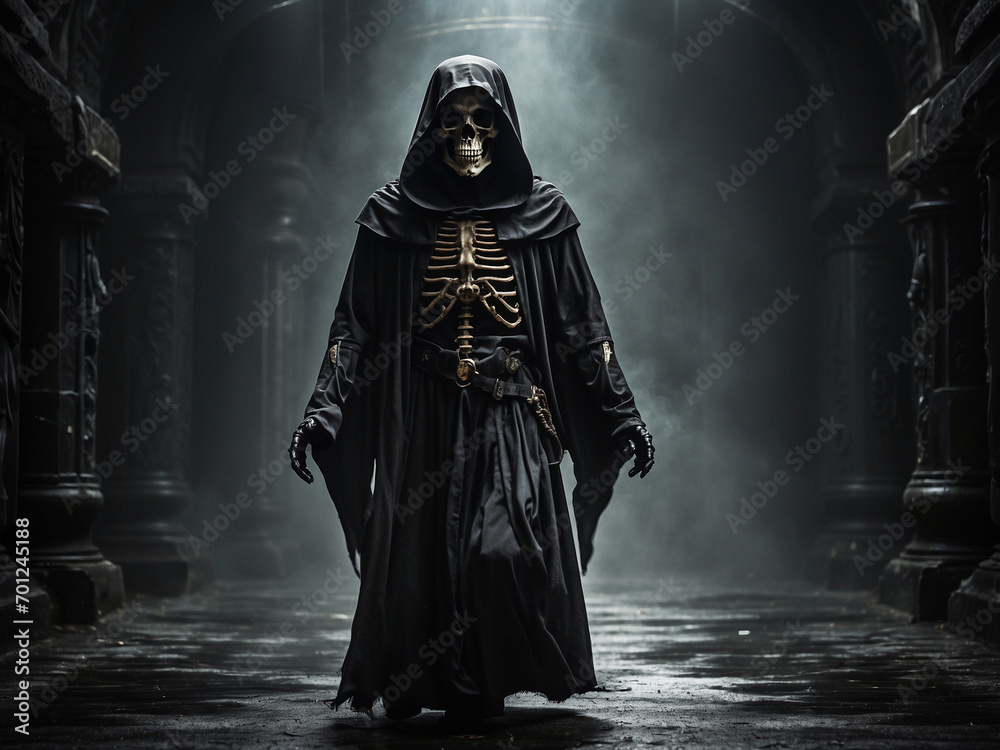 Man in black posing with knife, Zombie corpse in the dark forest Halloween concept Man in black posing with knife, Zombie corpse in the dark forest Halloween concept