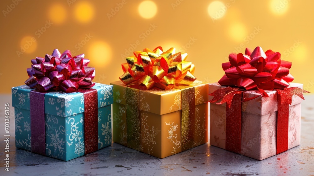 Set of Multicolored Gift Boxes with Ribbon Bows