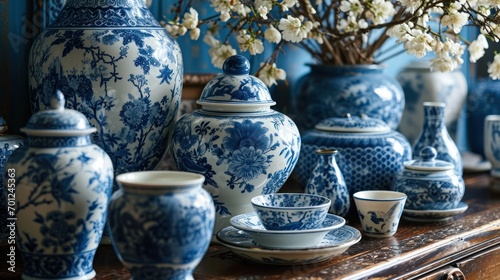 Blue and White Porcelain in Cabinet photo