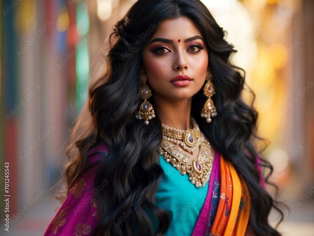 Beautiful Indian girl with long black hairs, wearing colorful traditional clothes and jewelry Beautiful Indian girl with long black hairs, wearing colorful traditional clothes and jewelry