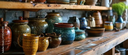 Handmade ceramic canisters on kitchen shelves